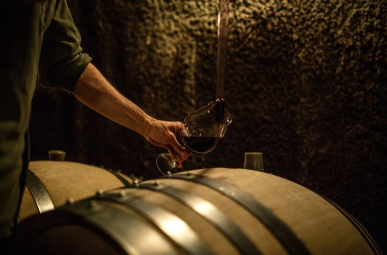 a Photo of a winemaker taking wine out of the barrel to taste.